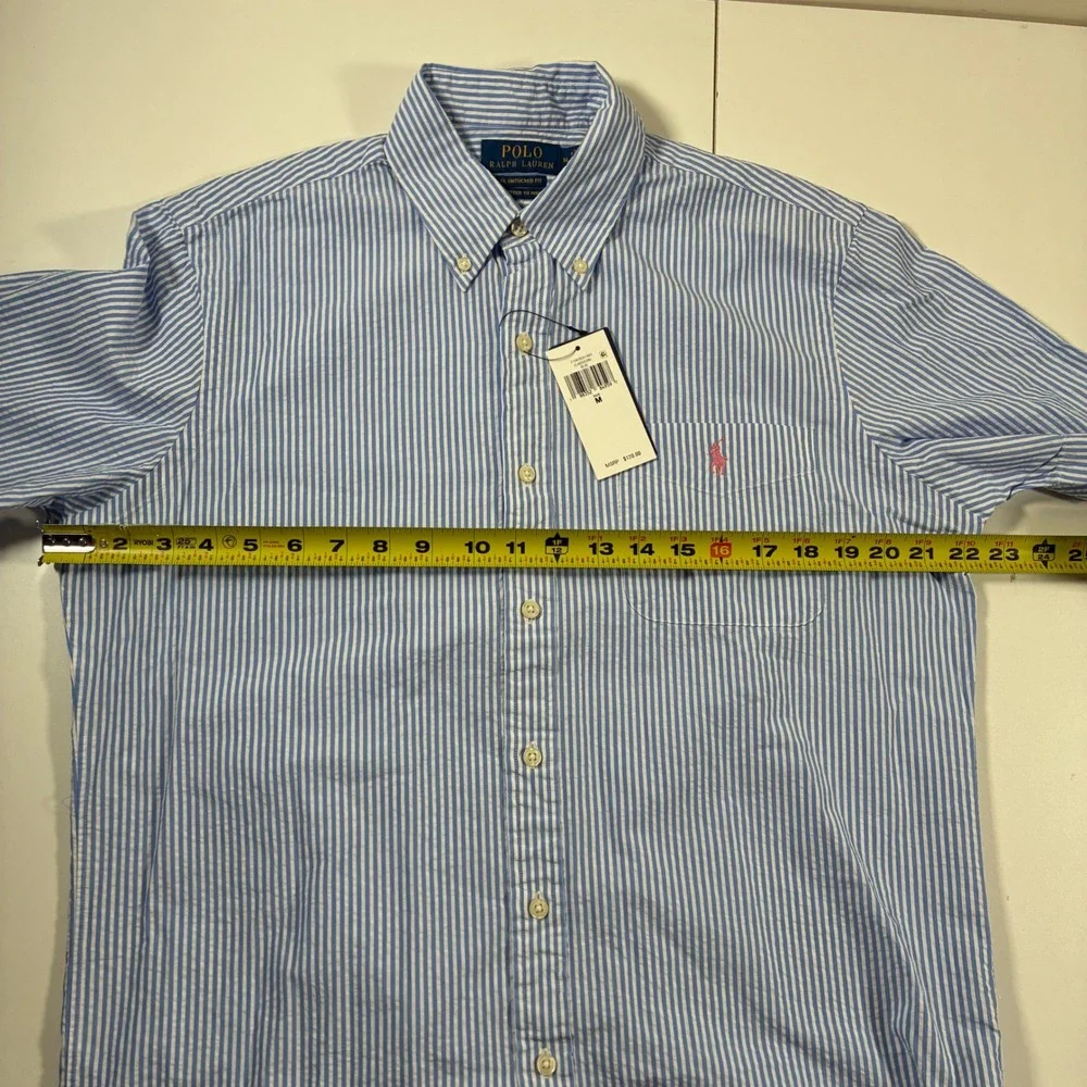 NEW Polo Ralph Lauren Seersucker Shirt Medium Blue Striped RL Untucked Fit